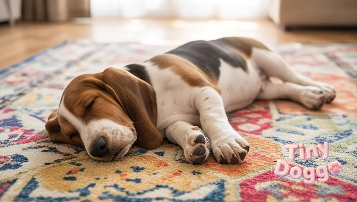 A basset hound puppy asleep sprawled across a patterned rug in daylight