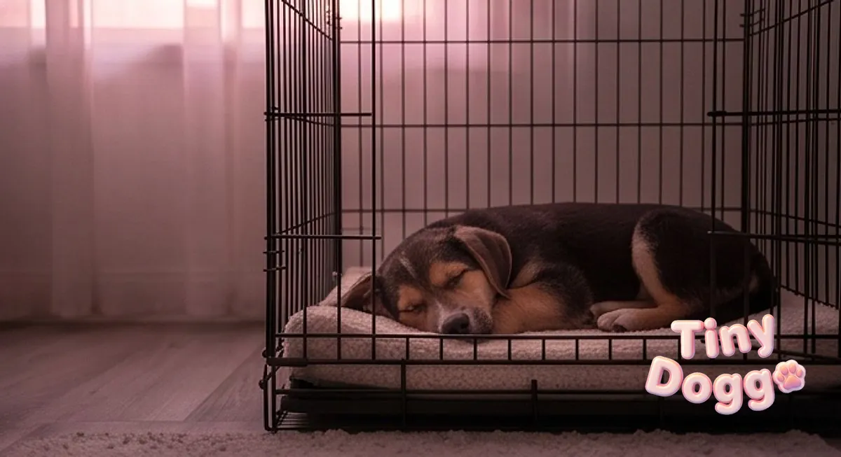 A puppy asleep on a cushion inside a crate in soft dawn light