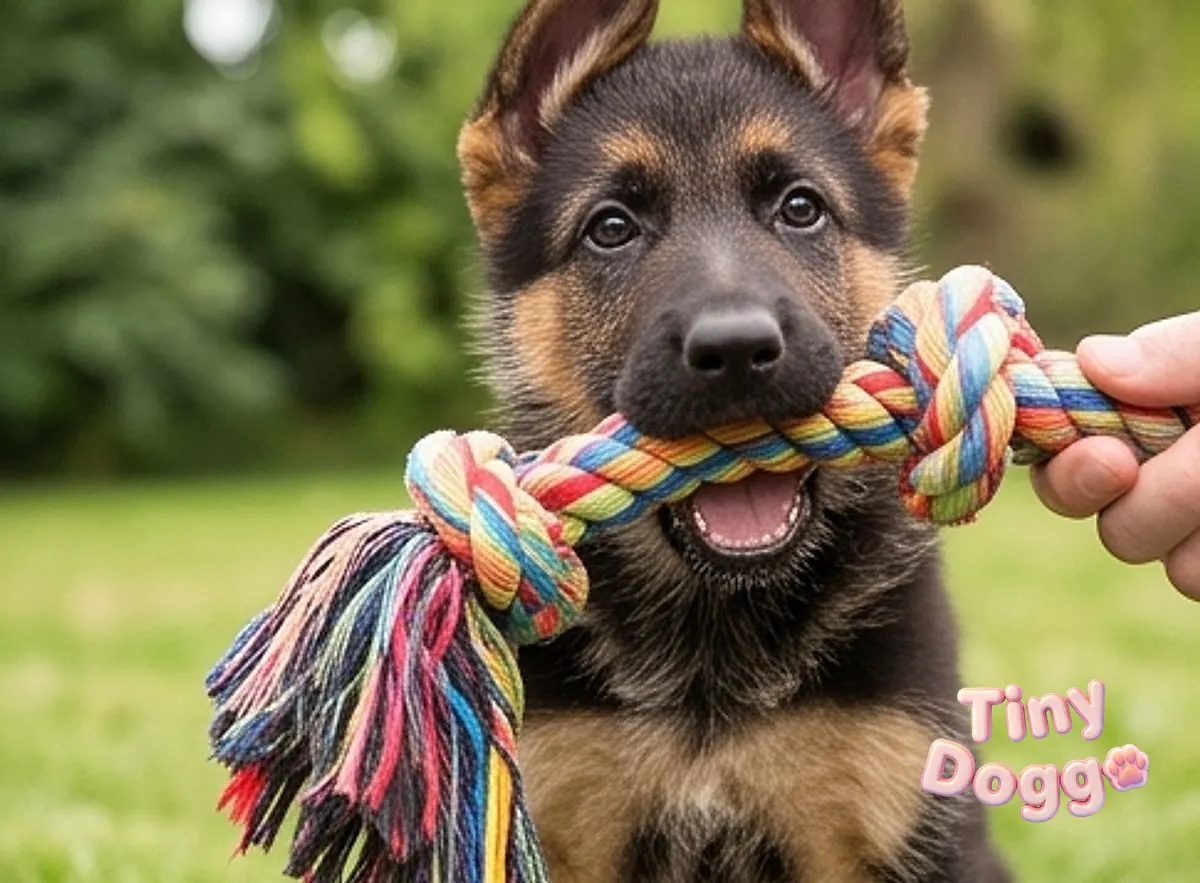 A german shepherd puppy biting a rope toy held in a person’s hand