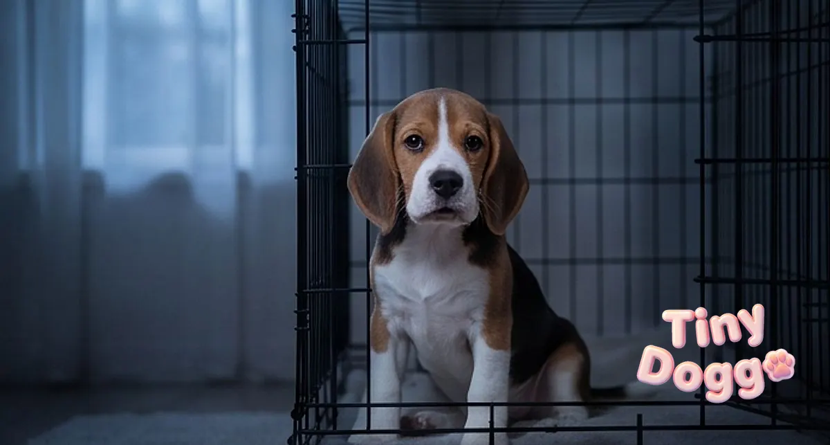 A beagle puppy awake and sitting up in a wire crate at night