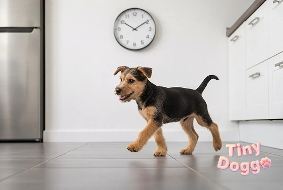 A puppy trotting across a kitchen floor with a wall clock behind