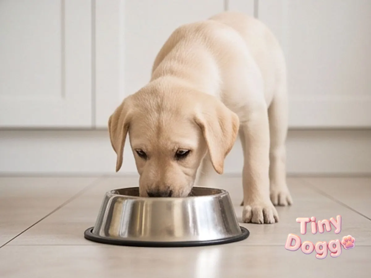 A labrador puppy eating from a steel bowl on a kitchen floor