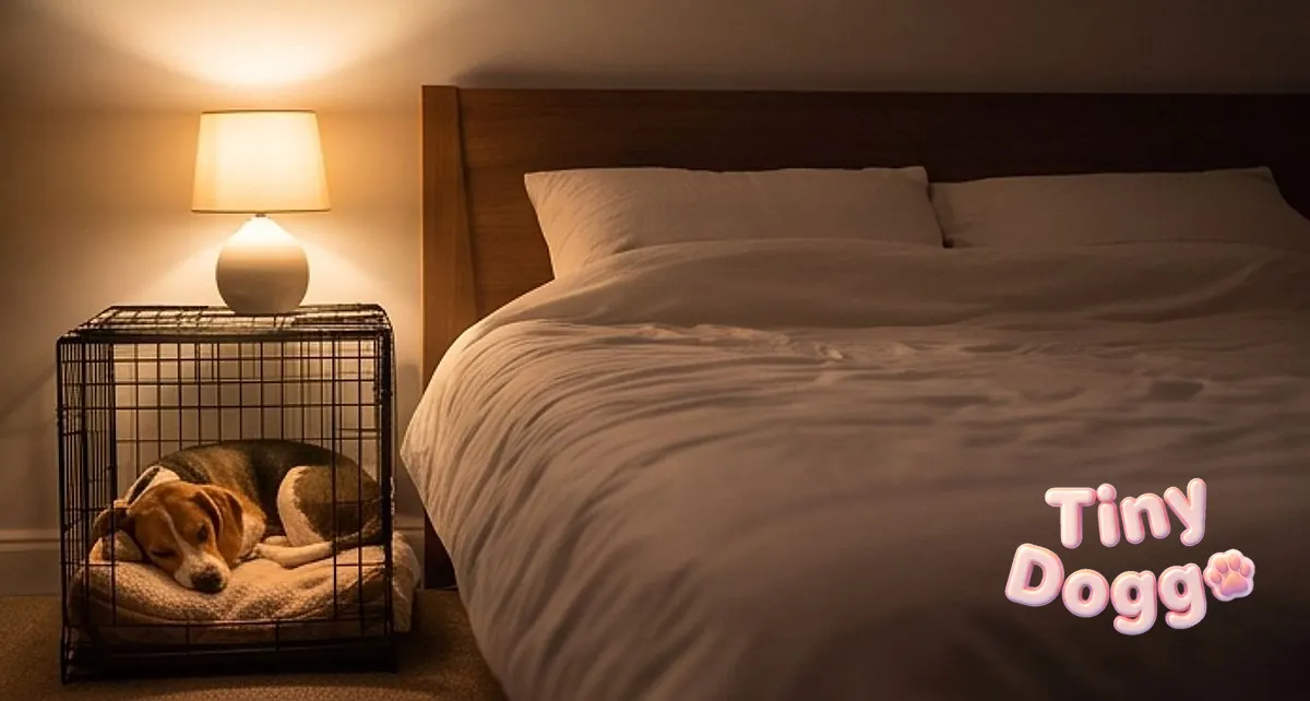 A puppy curled up asleep in a crate beside a bed with a lamp on