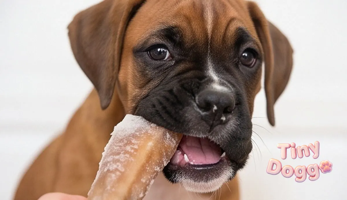 A boxer puppy chewing a toy, teeth and gums visible