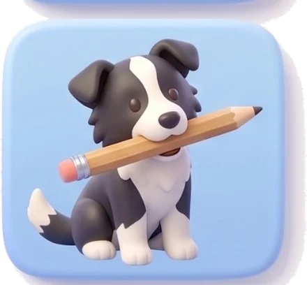 A cartoon border collie puppy holding a pencil